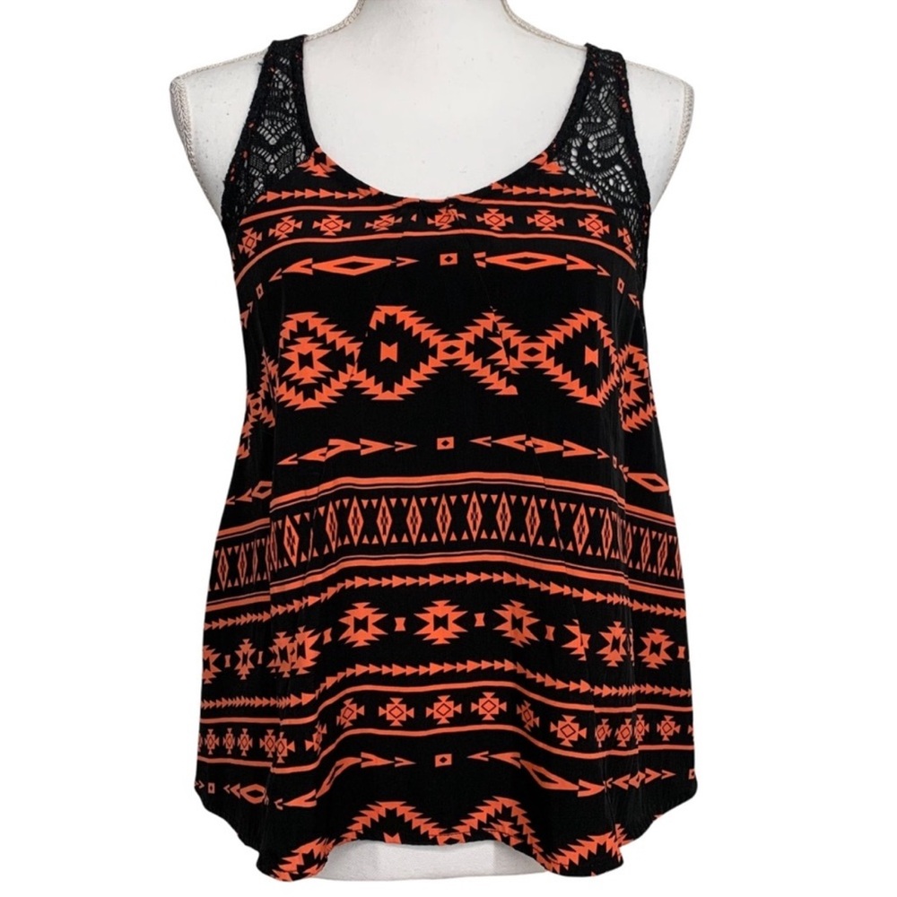 LIBERTY LOVE / Orange & Black Tank Crochet Detail / Medium Boho Y2K Summer Emo